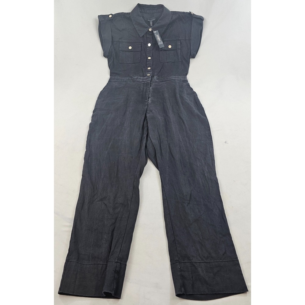 White House Black Market WHBM Black Linen Jumpsuit Womens 12P NWT 570393534
